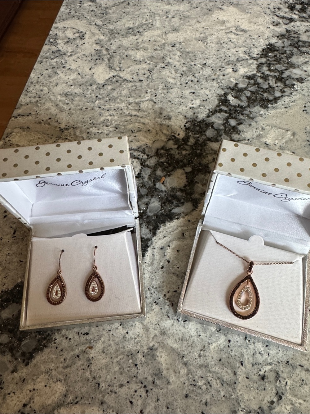 Rose Gold Teardrop Crystal Pendant Necklace with Matching Earrings